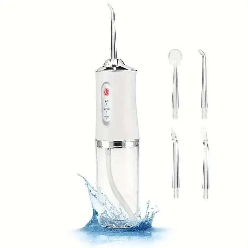 Irrigador Bucal Eléctrico Inteligente Portátil Flosser de Agua 4 Boquillas, Recargable, 3 Modos