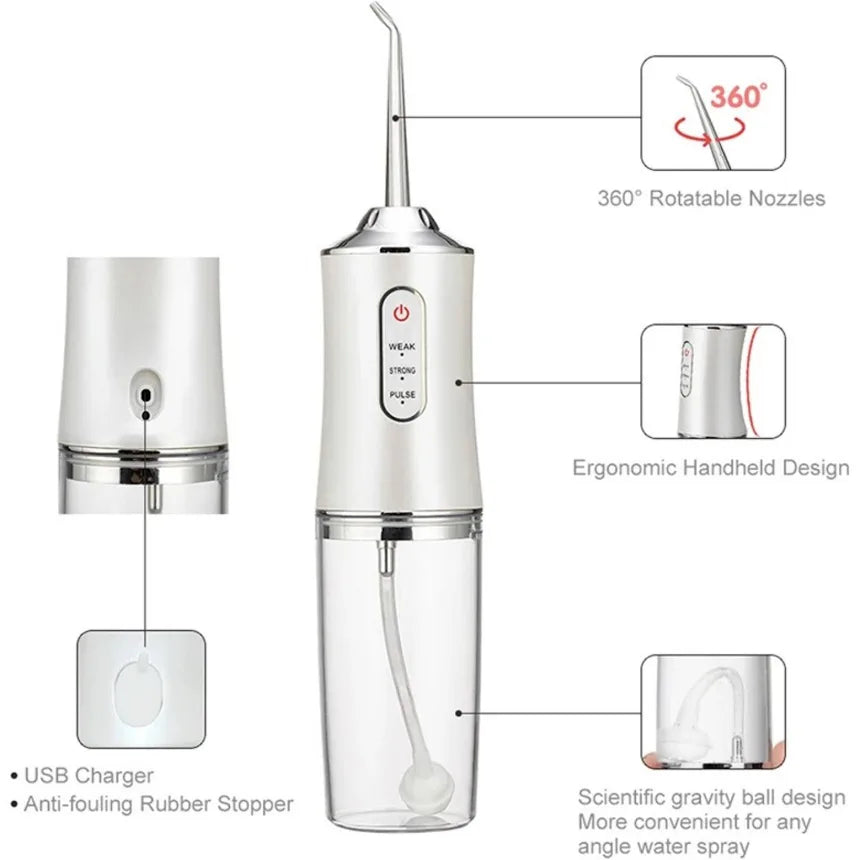 Irrigador Bucal Eléctrico Inteligente Portátil Flosser de Agua 4 Boquillas, Recargable, 3 Modos